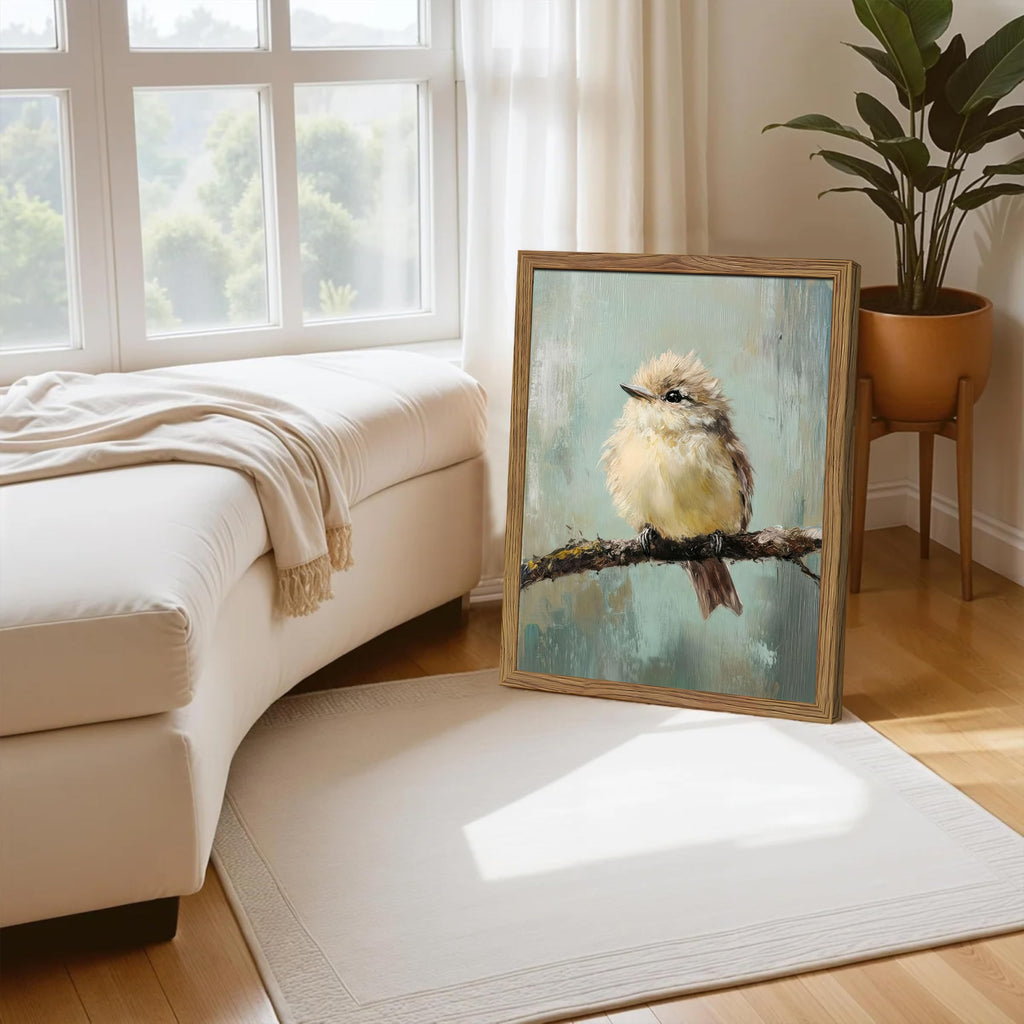 Vintage Framed Bird Wall Art, Rustic Sparrow on Branch Canvas Wall Decor Painting, Cute Bird Animal Artwork Poster