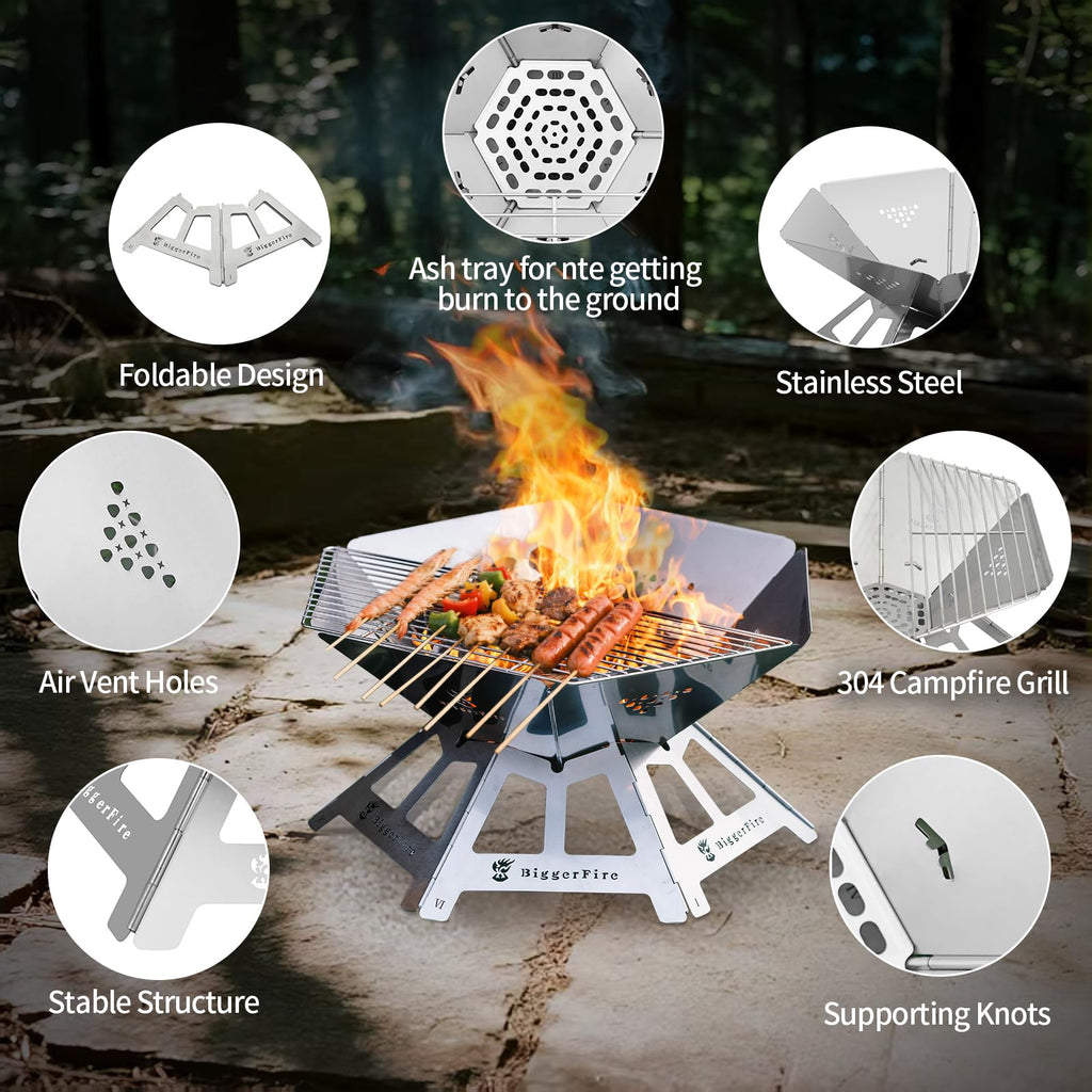 Foldable Portable Fire Pit, Stainless Steel Fire Pits with Charcoal Grill Net and Storage Bag, Camping Fire Pit Grill