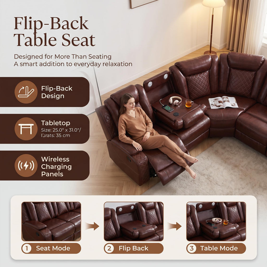 PU Leather Power Recliner Sectional, L-Shape Reclining Couch, 6-Seat Sectional Sofa with LED Lighting/USB