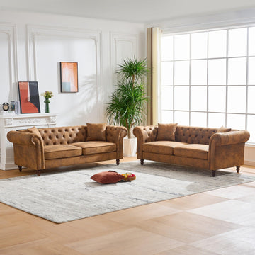 80.5" 2 Piece 3-Seater Velvet Chesterfield, Combination with Button Tufted Curved Backrest Rolled Arms, Faux Leather