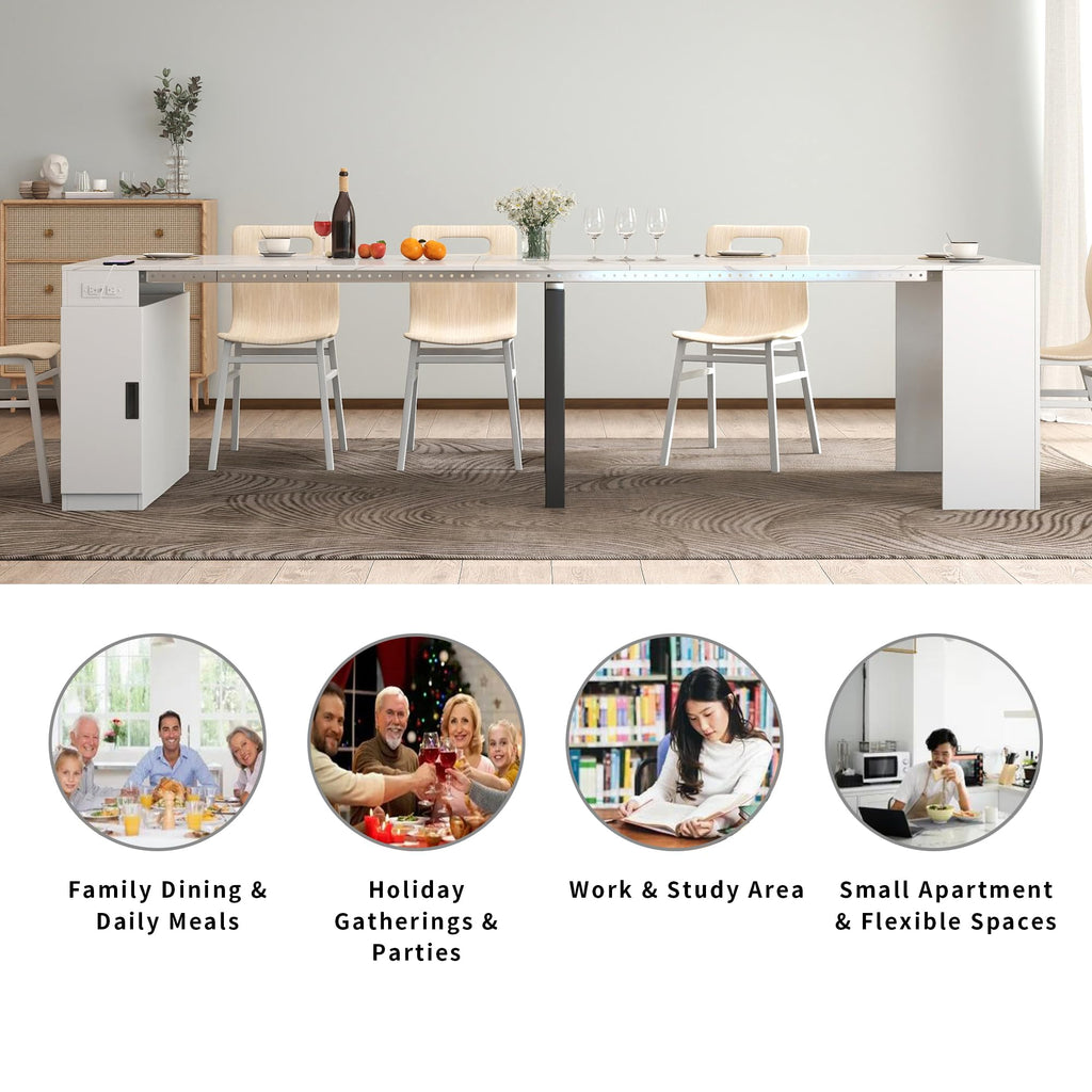 Expandable Dining Table, Folding Console Table with Built-in Outlet & Hidden Storage, Space Saving Furniture, White