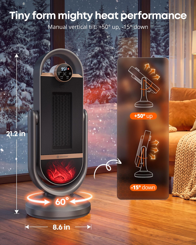 Space Heater, 1500W Graphene PTC Electric Heater with 3D Flame Effect, 60° Oscillation, Remote Thermostat 12H Timer