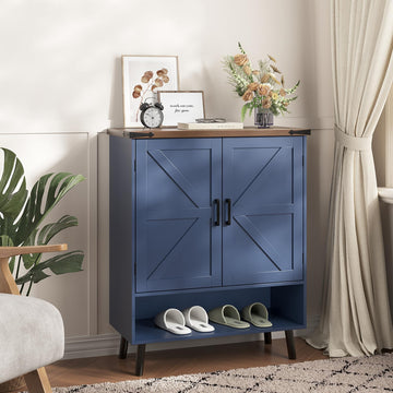34" Tall Farmhouse Shoe Storage Cabinet with Barn Doors, Navy Blue