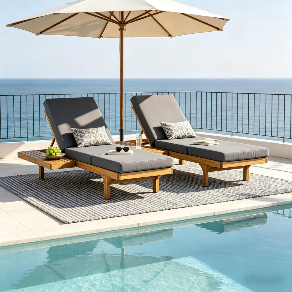 Acacia Wood Outdoor Chaise Lounge Set, 2 Recliners with 3-Fold Dark Grey Cushions, 5-Position Adjustable Double