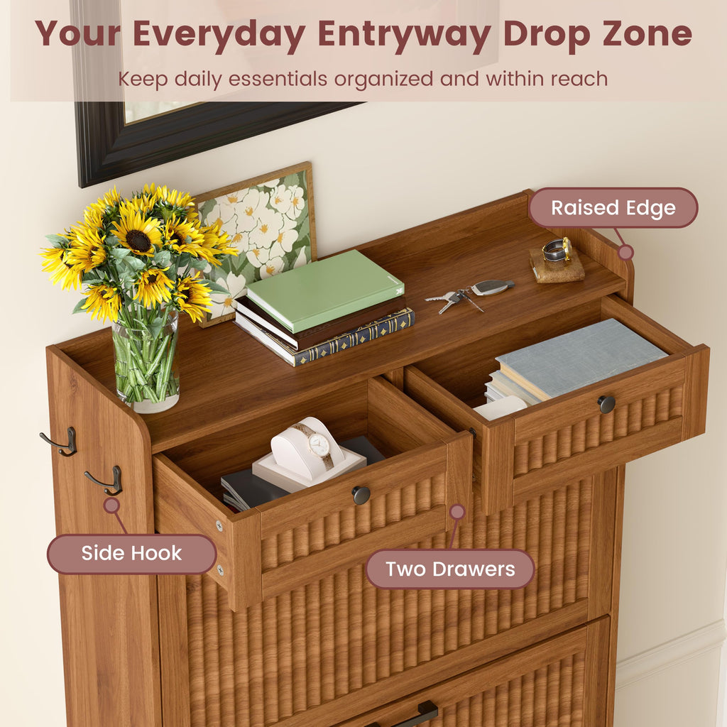Fluted Shoe Cabinet, 3 Flip & 2 Top Drawers, Walnut