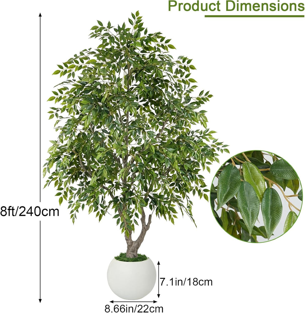 8ft Artificial Ficus Tree with Round White Planter for Indoor Decor