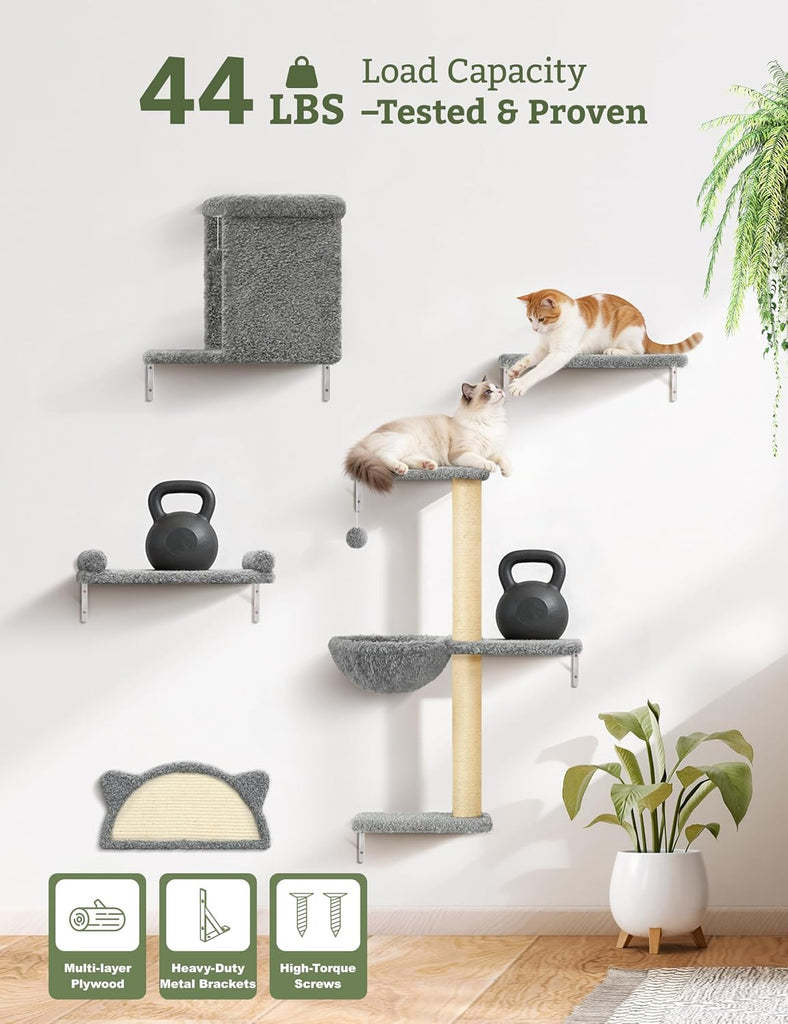 5-in-1 Cat Wall Shelves, Solid Wood Cat Wall Furniture Set for Indoor Cats