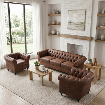3 Piece Living Room Set, Chesterfield Sofa & 2 Accent Chairs, Faux Leather Couch Set with Tufted Backrest & Nailhead