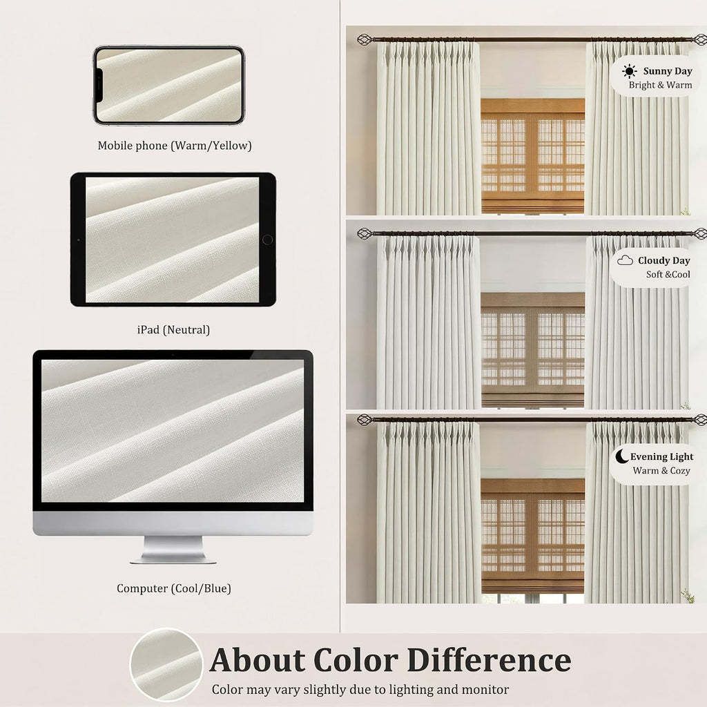 Pinch Pleated Linen Curtains 90 Inch, 2 Panels Premium 400GSM Memory Trained Semi Sheer Light Filtering Window Drapes