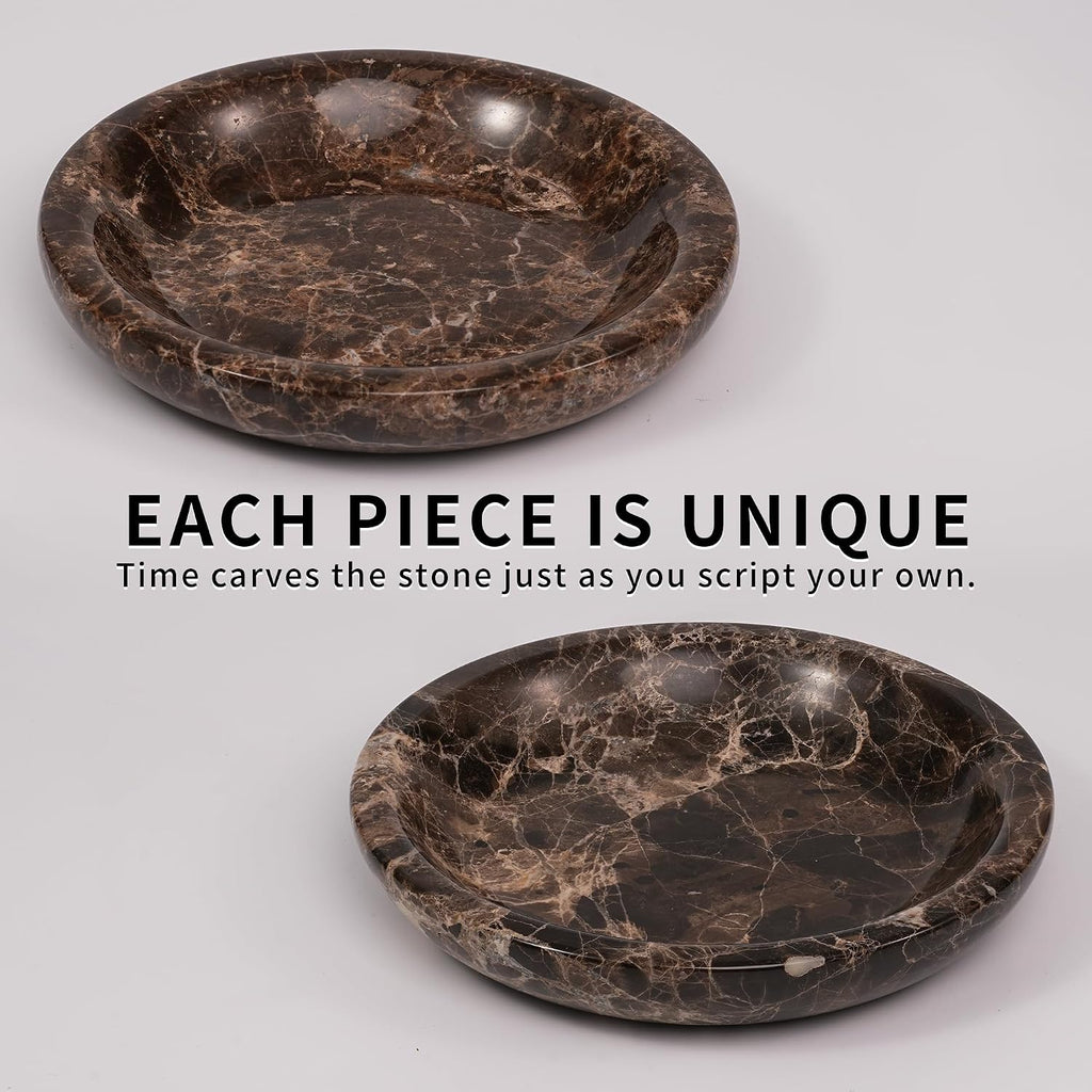 Brown Marble Jewelry Tray - Stone Trinket Ring Key Purse Holder Dish, Small Cute Round Plate Decorative Bowl