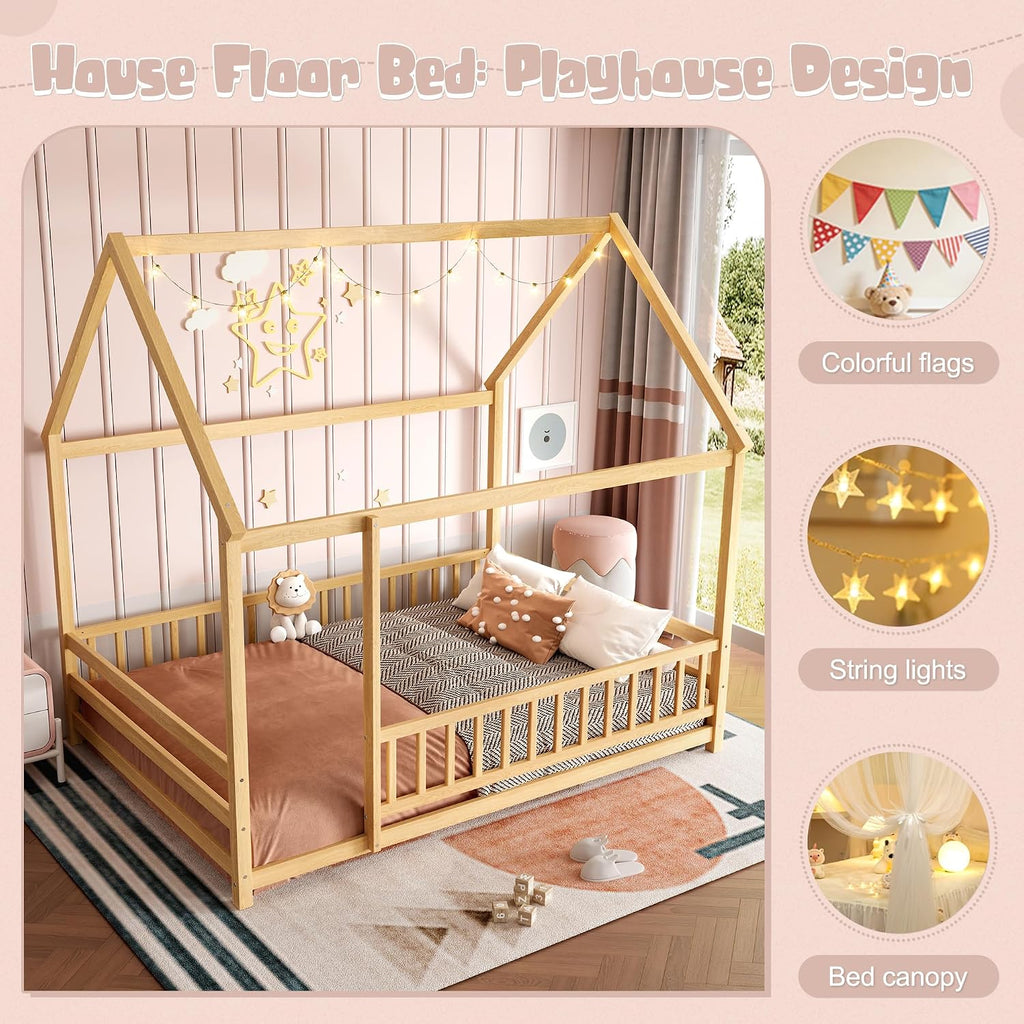 House Floor Bed with Guardrails, Montessori Bed for Kids Natural