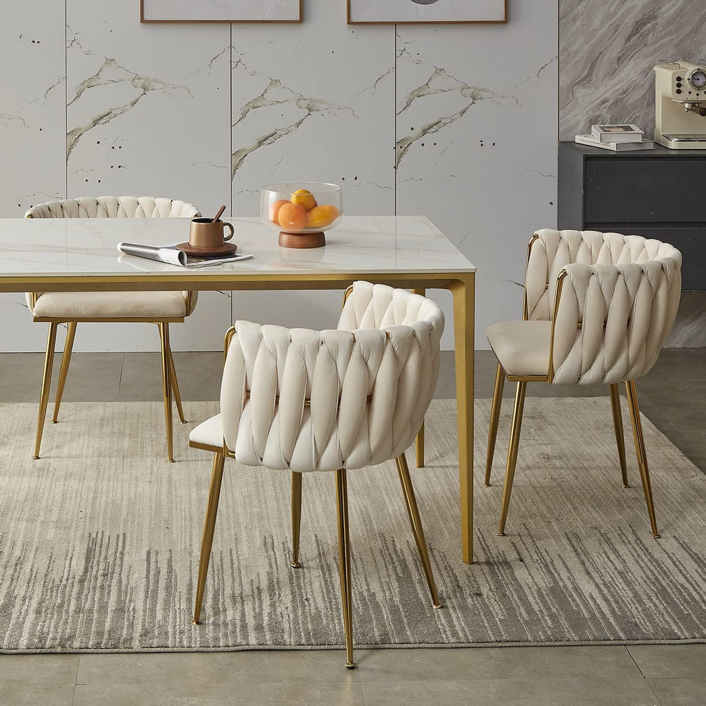 Velvet Dining Chairs Set of 4, Modern Dining Chair with Golden Metal Legs, Woven Upholstered Dining Chairs for Dining