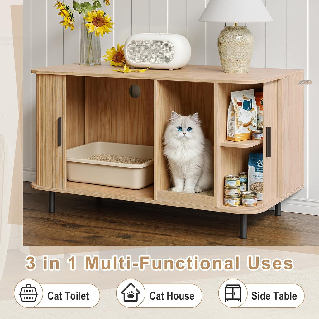 37.4" Cat Litter Box Enclosure with Cat Scratch Pad, Tambour Sliding Door, Modern Hidden Litter Box Enclosure