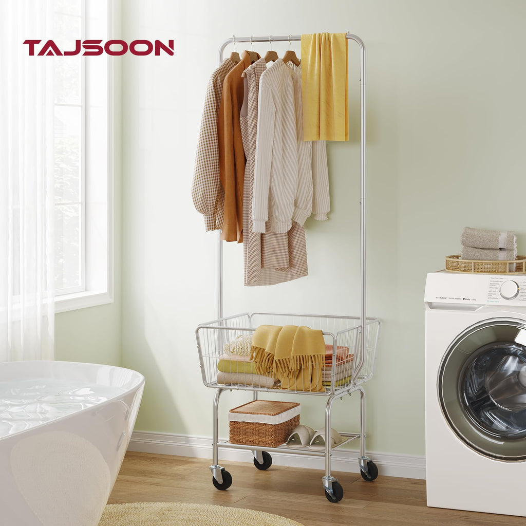 Rolling Laundry Cart with Hanging Rack & Laundry Basket, Silver