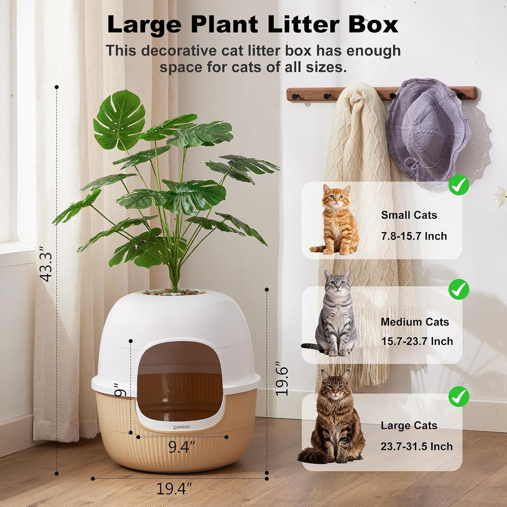 Hidden Cat Litter Box Enclosure with Faux Plant and Odor Control