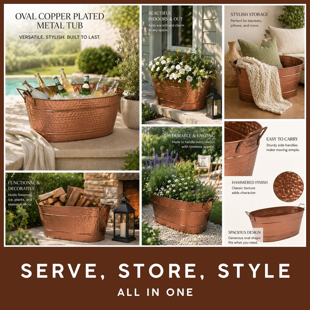 Large Oval Copper Plated Metal Tub Farmhouse Decor Beverage Cooler for Drinks Multipurpose Planter Bucket With