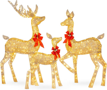 6.5ft 3-Piece Large Lighted Christmas Deer Family Set, Outdoor Yard Decoration with 385 LED Lights, Stakes, Zip Ties