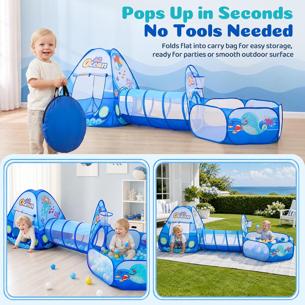 3 in 1 Kids Play Tent with Tunnel, Ball Pit, Basketball Hoop for Boys & Girls, Toddler Pop Up Playhouse Toy Baby
