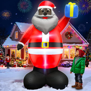 8 Ft Christmas Inflatables Outdoor Decorations Black Santa Claus, African American Santa Holds Gift Box Built in LED