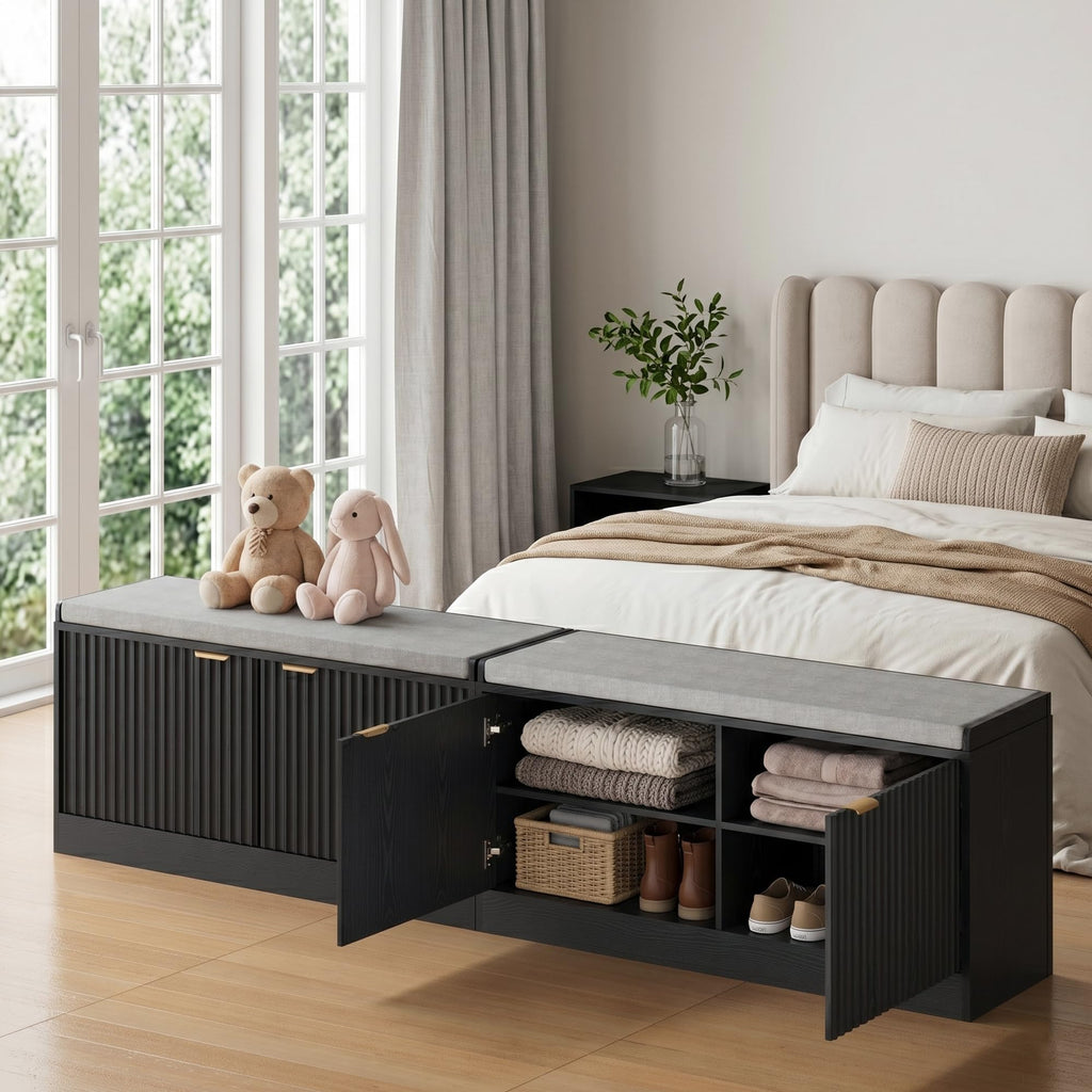 Fluted Shoe Storage Bench with Cushioned Seat and Sliding Doors, Black丨Modern Entryway Cabinet with Gold Handles