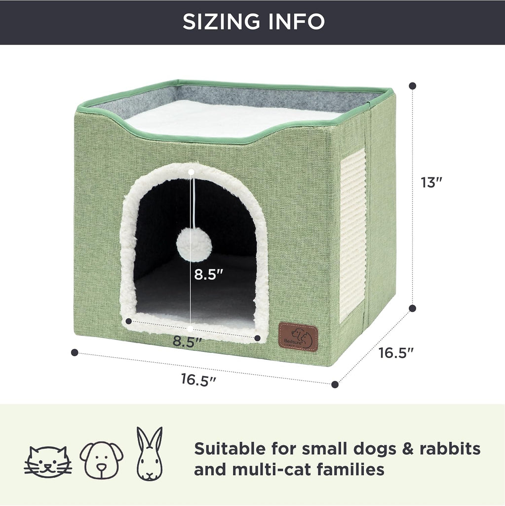 Cat House Bed for Indoor Cats with Fluffy Ball and Scratch Pad