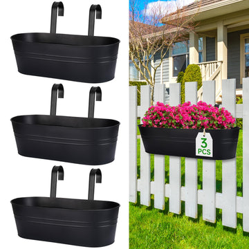 Railing Planter Box, 16" Large Hanging Planters for Outdoor Plants, 3 Pack
