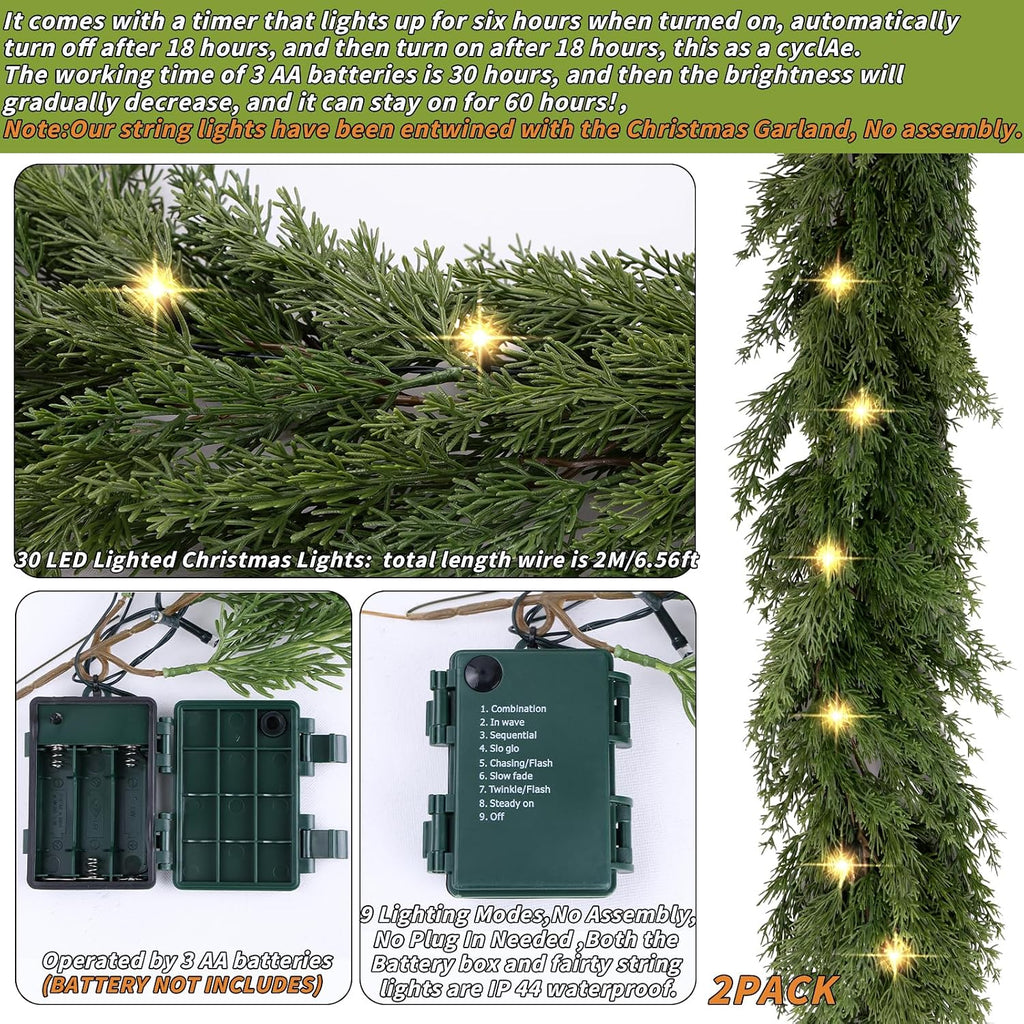 6.2 FT Prelit Christmas Cedar Garland 2 PCS, Realistic Artificial Pine Needle Faux Cypress Greenery with 20 Lights