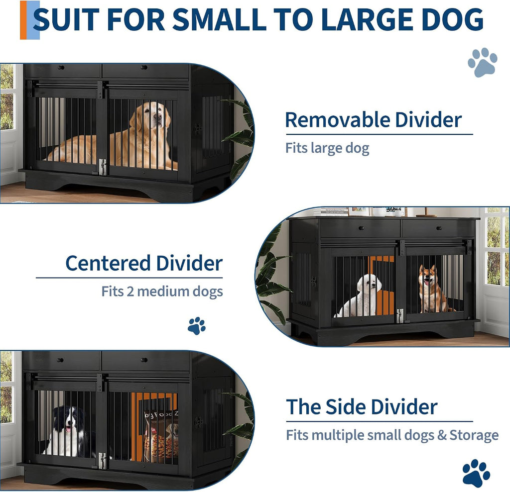 47" Dog Furniture Crate, Large Furniture Style Dog Crate w/ 2 Storage Draws & Removable Divider