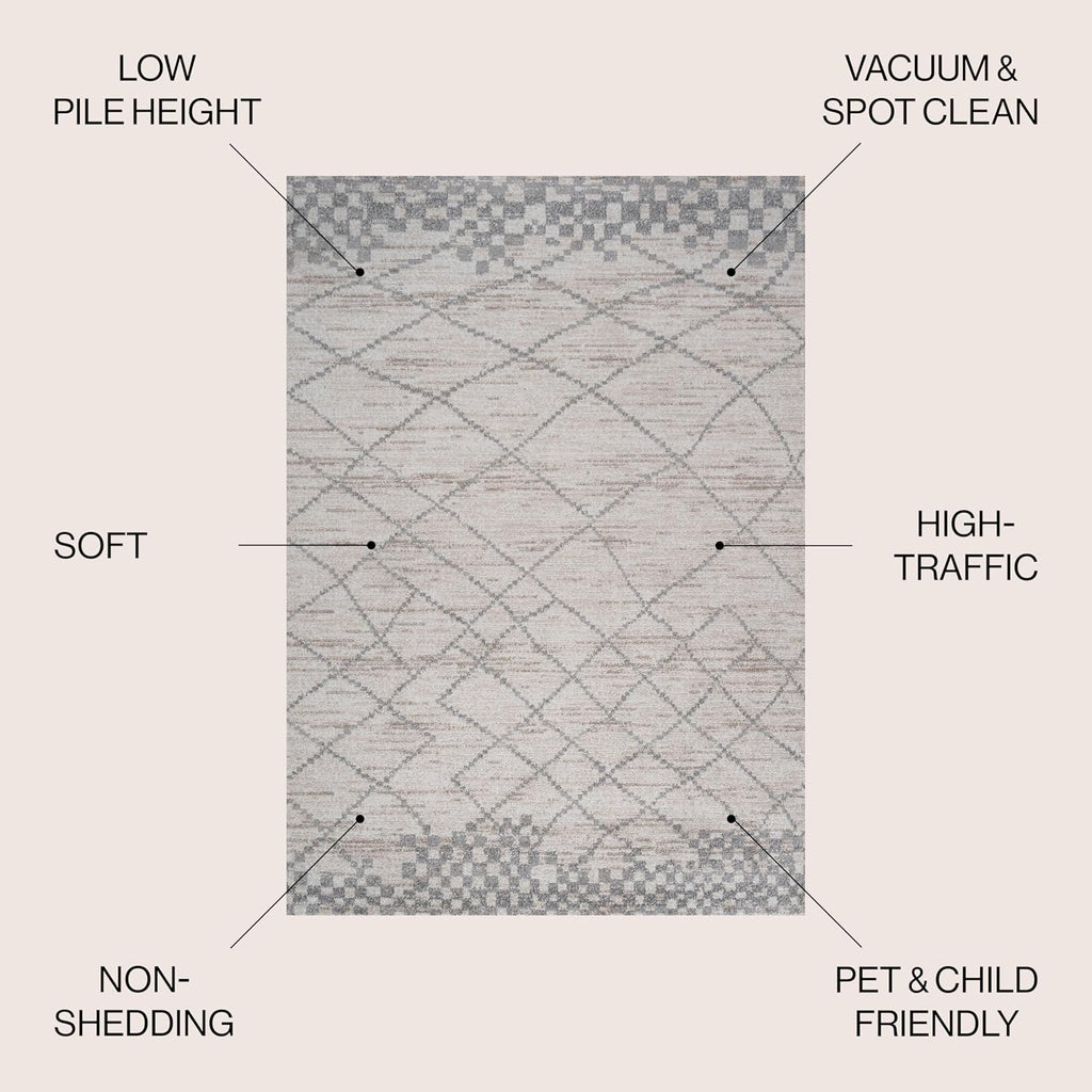 Asilah Diamond Light Gray Indoor Area Rug, Moroccan Modern, Bohemian, Casual, Easy-Cleaning, Pet Friendly