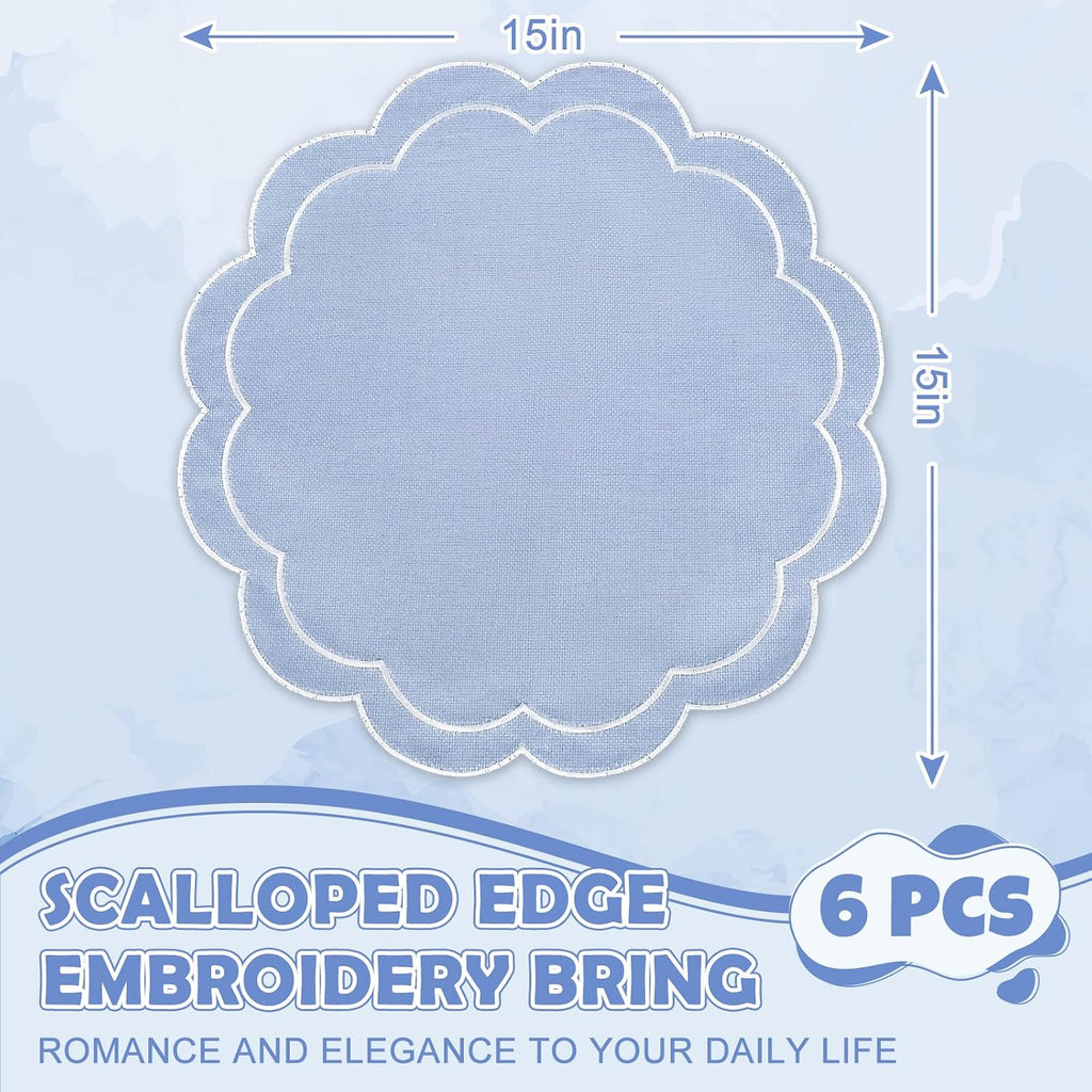 Dusty Blue Linen Placemats Embroidered Round Scalloped Kitchen Table Mats for Spring Easter Party Home Dining Table - Set of 6
