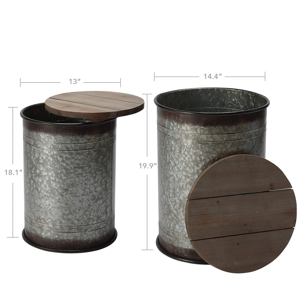 Rustic Storage Ottoman Seat Stool, Farmhouse Accent Side Table, Antique Galvanized Metal End Table Box Bin with Round