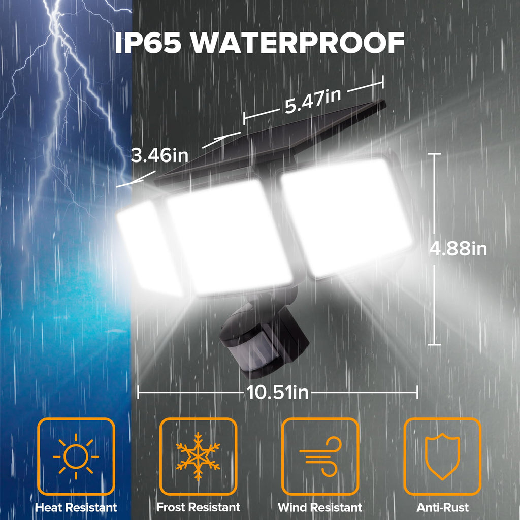 Solar Outdoor Lights 302 LED, IP65 Waterproof Motion Sensor Outdoor Lights, 3 Heads Solar Security Flood