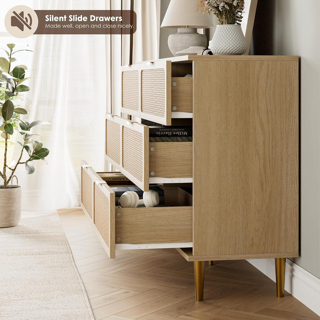 Rattan 6 Drawer Dresser , Large Double Dresser with Deep Drawers, Wooden Chest of Drawers for Closet with Wide Top
