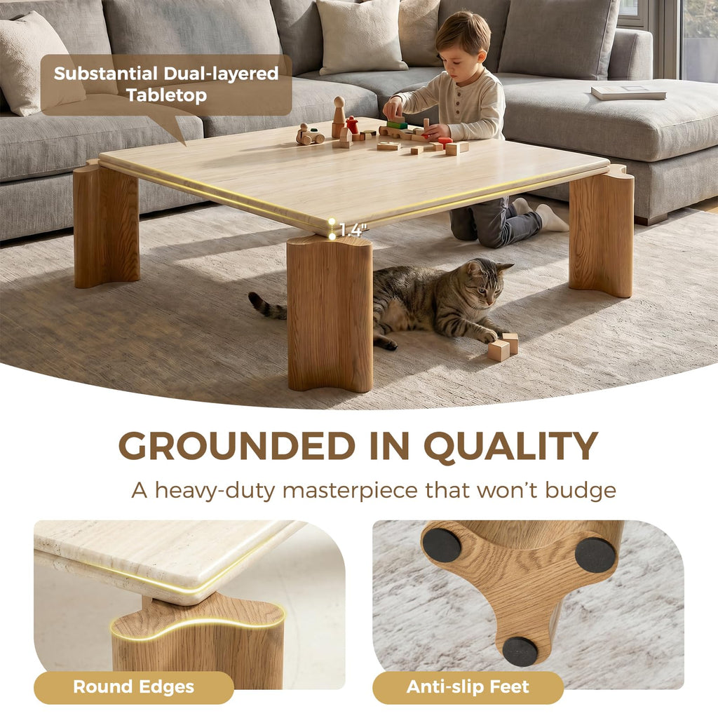 Large Faux Travertine Coffee Table, 47" with Curved Wood Legs