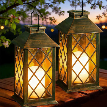 2 Pack 11" Medium Tempered Glass Solar Lanterns Outdoor Waterproof
