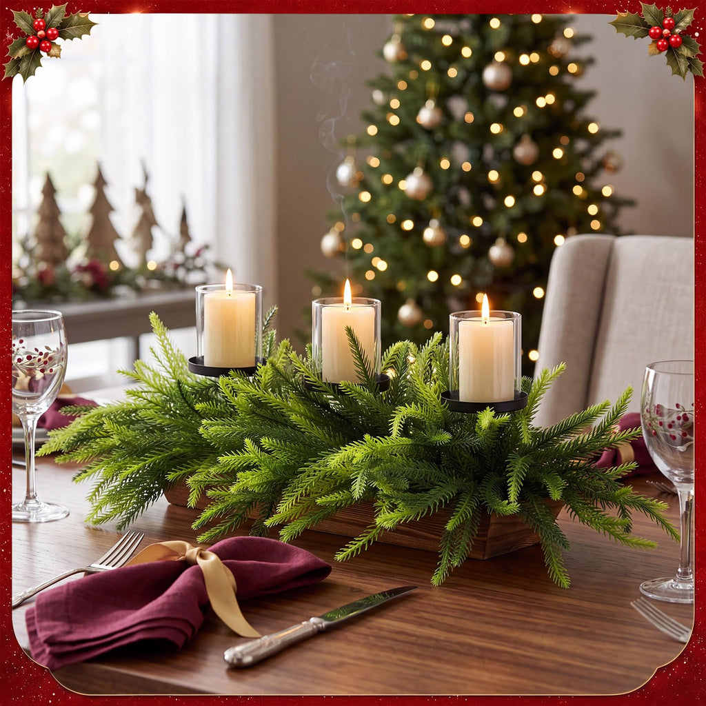 3 Pillar Norfolk Pine Stems Christmas Candle Holder Centerpiece