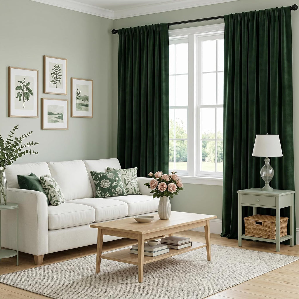 Dark Green Velvet Curtains for Bedroom Window with Back Tab, Super Soft Vintage Luxury Heavy Drapes, Room Darkening