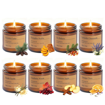 Fall Candles Gift Set - 8 Pack Vintage Amber Glass Jar Candles, Scents, Gift for Women, Aromatherapy Soy Wax