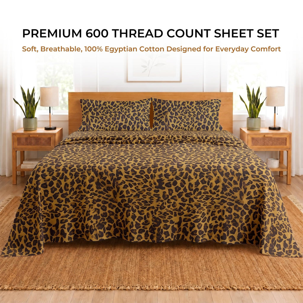 Bed Sheets 4 Piece 600 Thread Count 100% Egyptian Cotton Cheetah Animal Print-Soft Cooling Cotton Luxury Hotel Sheets