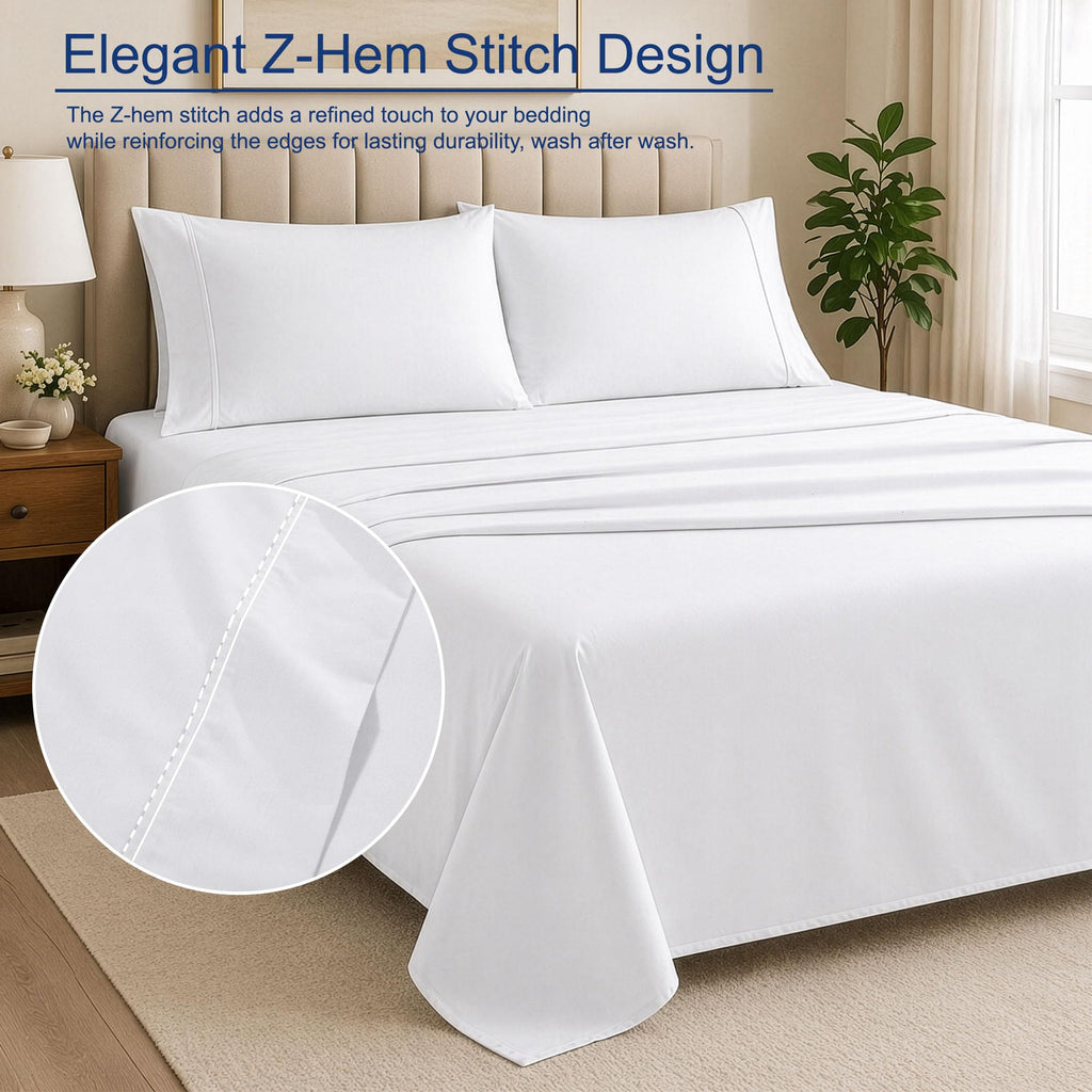4 Piece Full Sheet Set, 100% Cotton, 16-inch Deep White