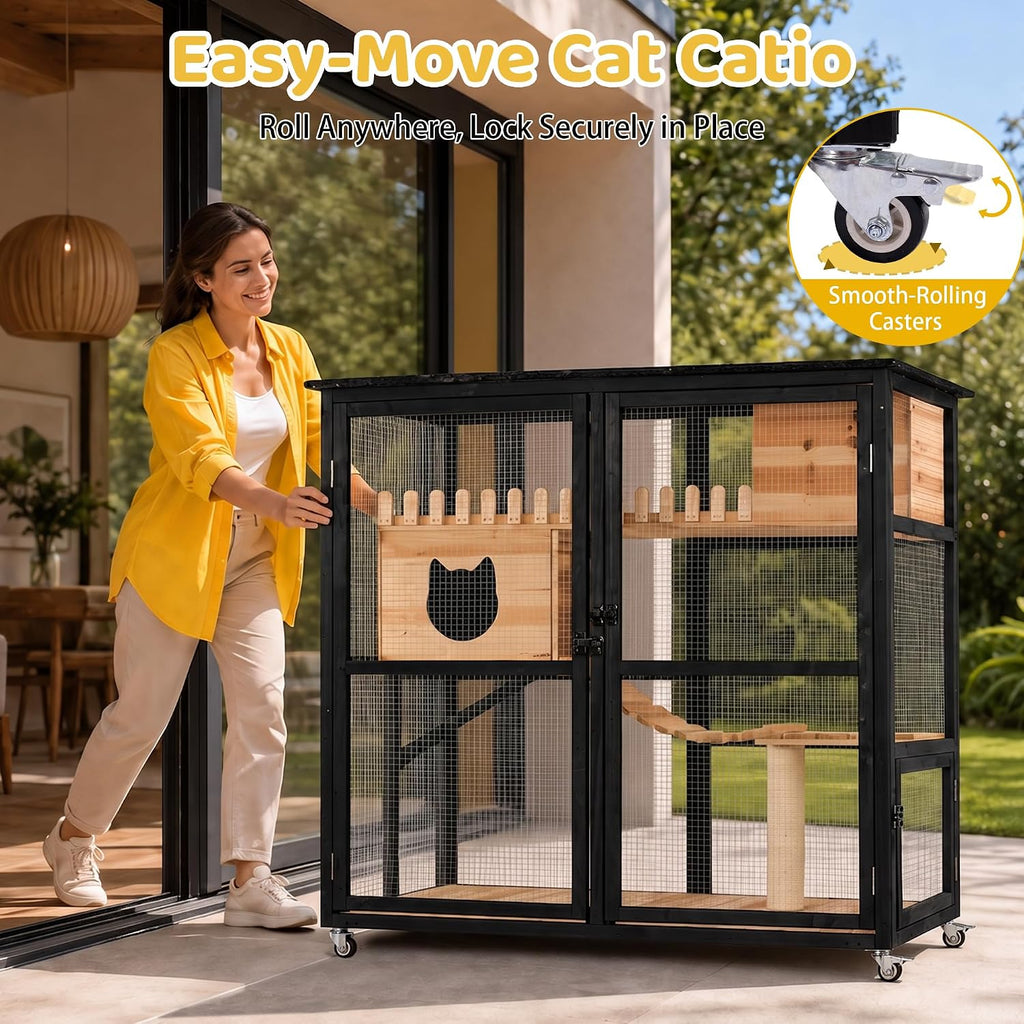 Cat Catio Outdoor Cat Enclosure, Multi-Level Wooden Cat House with Wheels
