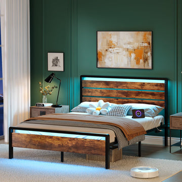 Rustic Bed Frame with Wood Headboard and Footboard, Led Light, 2 AC 2 USB 1 Type-C Charging Ports, 12-Inch