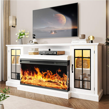 36 Inch 3-Sided Glass Fireplace TV Stand for TVs up to 80", Rustic Media Entertainment Center Console Table with