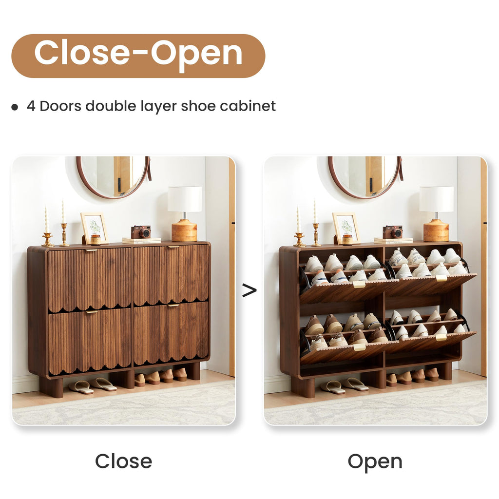 Fluted Narrow Shoe Storage Cabinet with 4 Flip Drawers, Walnut