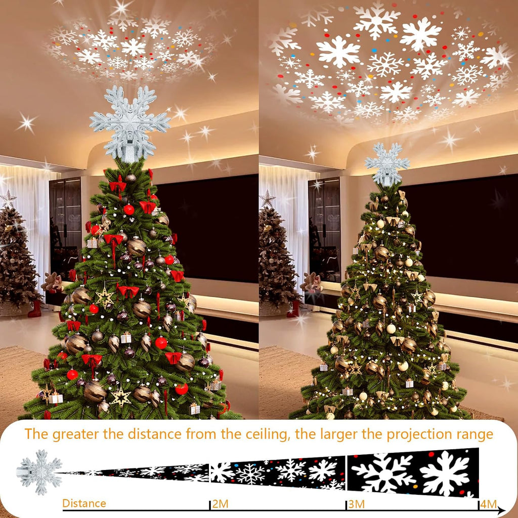 Snowflake Tree Topper with Rotating LED Projector, 3D Glitter Snowflake Plug-in Tree Top Ornament for Indoor