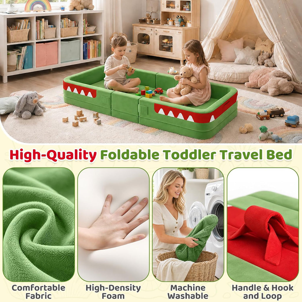 Toddler Travel Bed, Foldable Foam Floor Bed/Safety Rails, Dinosaur