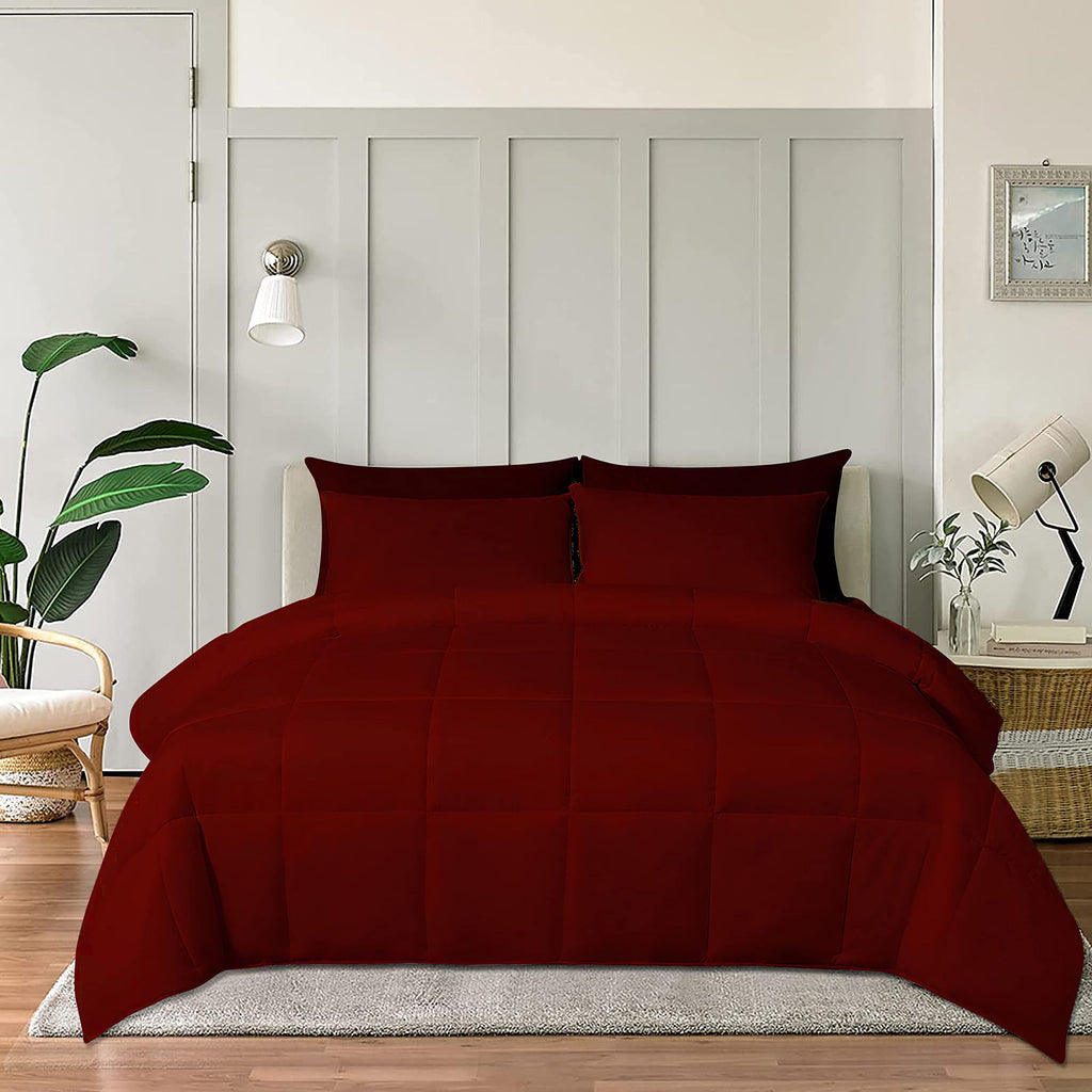 Super King Size 1000 Thread Count | 550 GSM Fiber Fill | Solid Burgundy Down Alternative 5 Piece Box Design Comforter