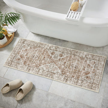 Bathroom Runner Rug, Distressed Farmhouse Boho Khaki Bath Mat, Non Slip Washable Long Bath Rugs, Vintage Traditonal