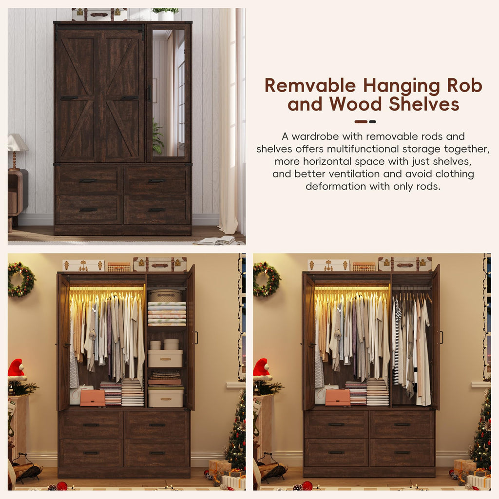Farmhouse 3-Door Armoire Closet w/Mirror & LED, Rustic Brown