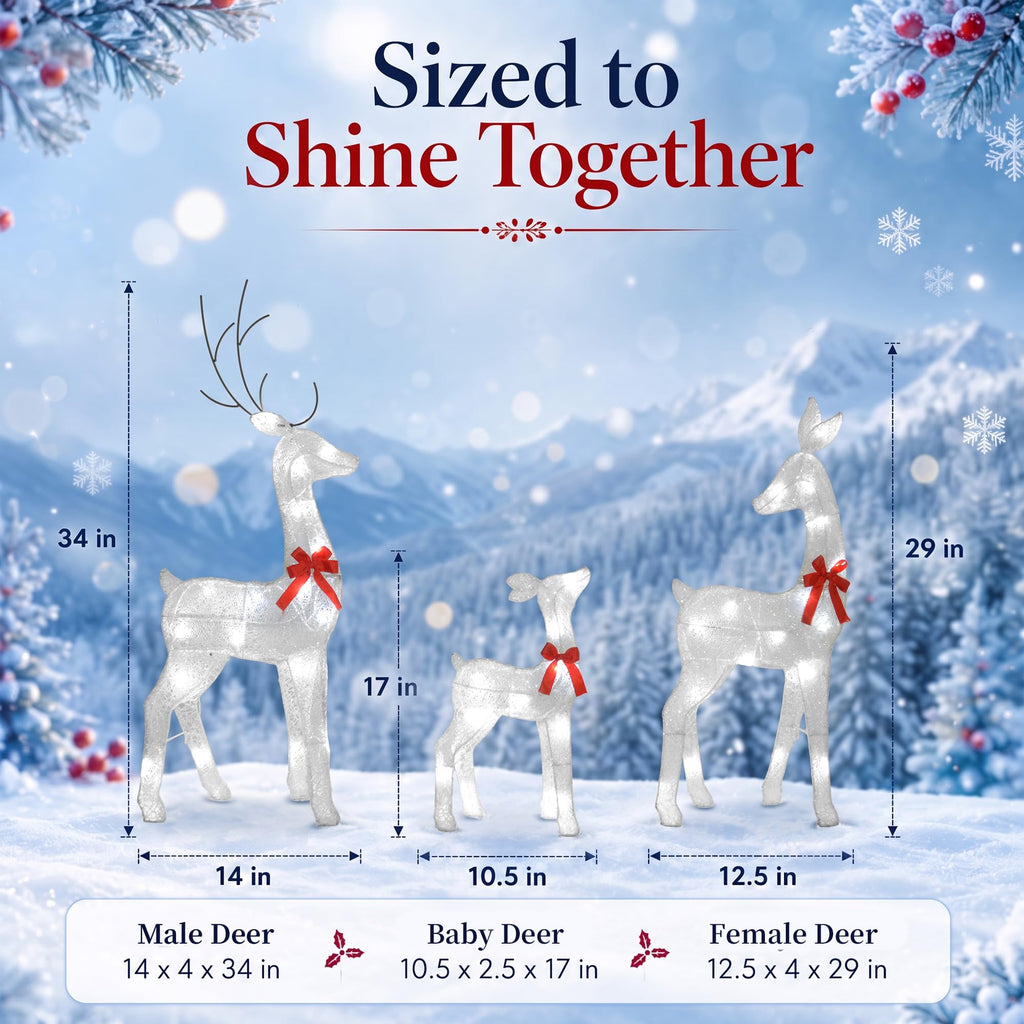 34IN 3-Piece 2.5D Lighted Christmas Deer Family Outdoor Decorations, White Pre-Lit Reindeer Set with 45 Lights